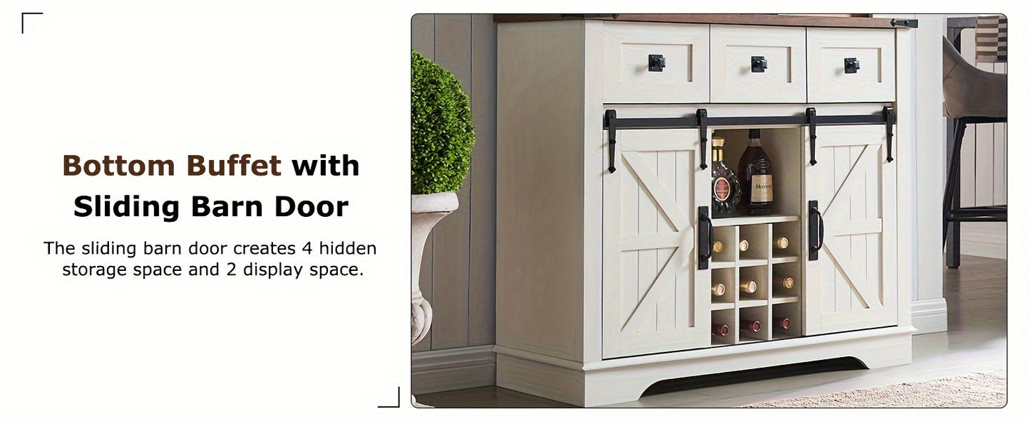 72" Farmhosue Bar Cabinet With Sliding Barn Door, Large Kitchen Buffet With Hutch W/Wine & Glasses Rack, 3 Drawers, 12 Storage Shelves, Rustic Coffee Bar Sideboard Table