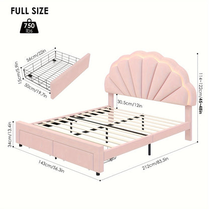 FULTRU LED Bed Frame With Large Storage Drawer, Velvet Upholstered Platform Bed With Adjustable Floral Headboard
