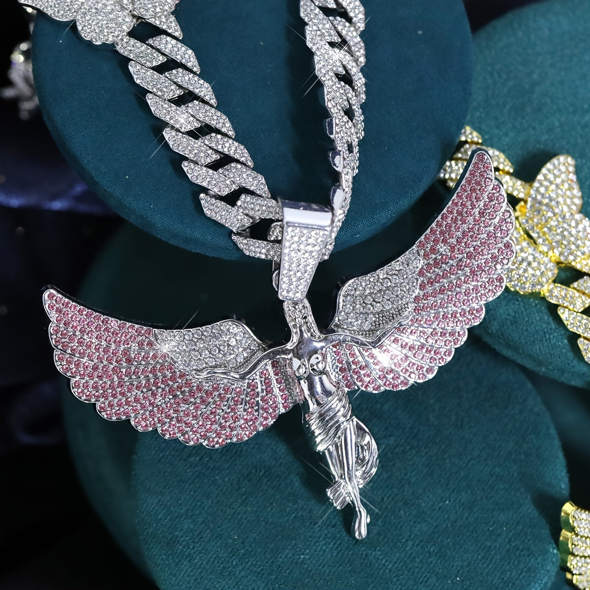 Glamorous Rhinestone Angel Winged Goddess Pendant Necklace with Butterfly - Unisex Zinc Alloy Cuban Chain for Party, Street Style, Night Club - Hip Hop Rapper Jewelry, Thanksgiving and Christmas Gift