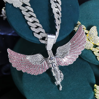 Glamorous Rhinestone Angel Winged Goddess Pendant Necklace with Butterfly - Unisex Zinc Alloy Cuban Chain for Party, Street Style, Night Club - Hip Hop Rapper Jewelry, Thanksgiving and Christmas Gift