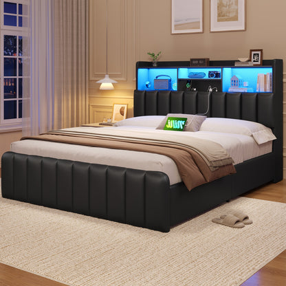 Queen Size Storage Bed Frame with LED Lights and Charging Station | Modern Upholstered Bed, Faux Leather, Bookcase Headboard, Drawers, Metal Slats, No Box Spring Needed, Black