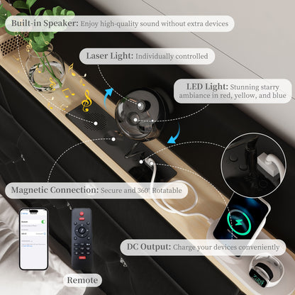 SIBEDS Luxury Queen Bed Frame with Galaxy Aurora Star Projector, USB Charging Station & 2 Storage Drawers - Full Size Platform with Crystal Button Tufted Headboard, Noise-Free Faux Leather, Hardwood Construction
