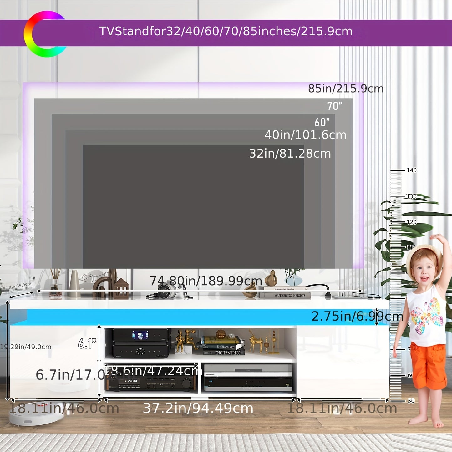 LED TV Stand For 85 Inch TV, Modern Gaming TV Stand With Power Outlet, High Gloss TV Console Entertainment Center With Storage And LED Lights For Living Room, Bedroom