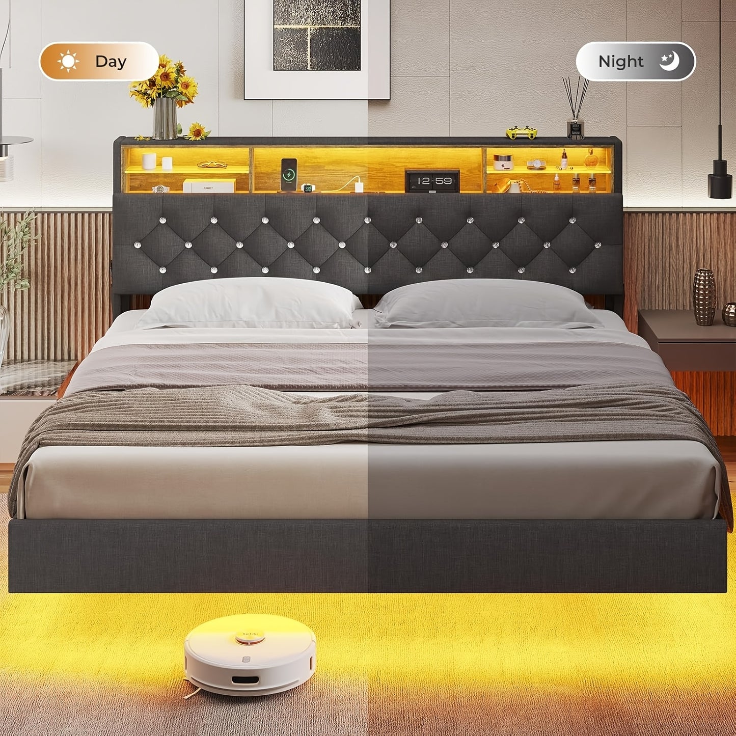 King Size Floating Bed Frame with LED Lighting and Tufted Upholstered Headboard, Hidden Storage, Plug Powered, Metal Construction, Contemporary Style, No Box Spring Needed, US Plug, Black PU