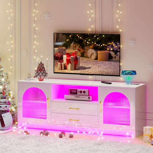 RGB TV Stand with Wireless Charging Station for TVs up to 75 Inch, Human Sensor LED TV Cabinet with USB&Type-C Ports, 24 Color Dimmable Television Stand with Drawers & Storage Cabinet