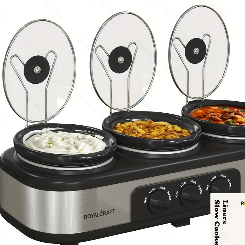 3-Pot Slow Cooker Buffet Server with 10 Cooking Liners - Triple Slow Cooker Food Warmer for Parties - Adjustable Temperature - 4.5 QT - Ideal for Large Gatherings & Family Dinners