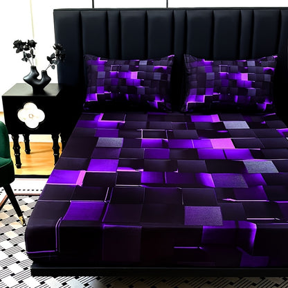 3pcs Cool Technology Digital Printing Material Plaid Fitted Sheet(1pc Bed Sheet+2pcs Pillowcase No Filling)Deep Pocket In 15 Inch At Home Dormitory Suitable for All Seasons Mattress Protector