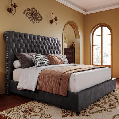 Papajet Fabric-Covered Sleigh Style Bed Frame with Diamond-Studded Headboard