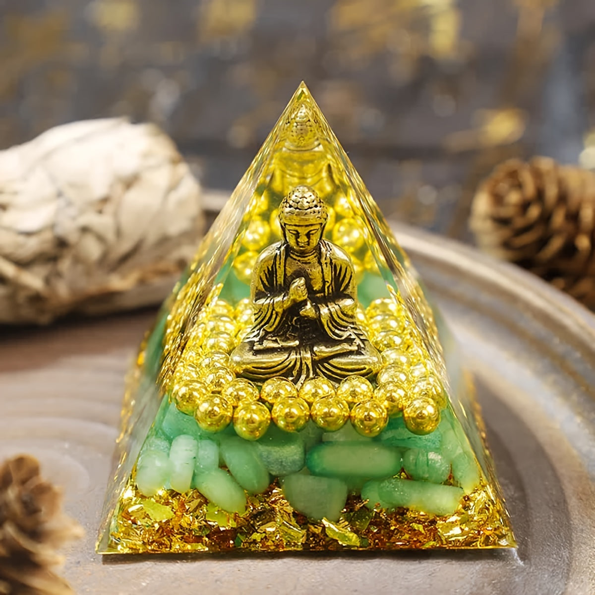 "Serenity Enhancer" 1pc Golden Beaded Buddha Orgone Pyramid With Natural Crystal Chips - Amethyst Energy Generator For Positive Vibes, Home & Yoga Decor