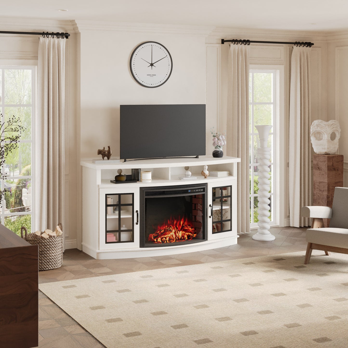 59-Inch Curved Fireplace TV Stand: Farmhouse Style Entertainment Center with 26'' Electric Fireplace, Glass Door Storage Cabinet, and Open Shelves, Fits TVs up to 65"