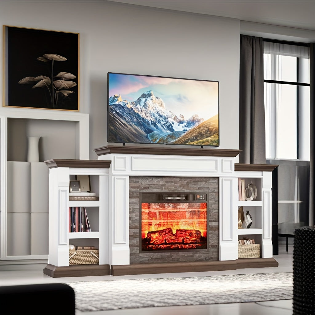 72" Electric Fireplace With Mantel, Fireplace TV Stand For 80" TV, Modern Entertainment Center With Storage, Wood Surround Free Standing Fireplace Heater With Remote Control, Logs, Adjustable Led Flame, For Living Room, Bedro