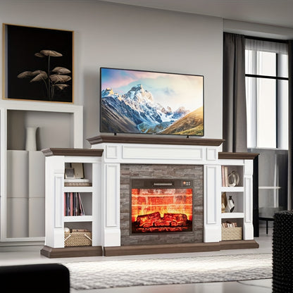 72" Electric Fireplace With Mantel, Fireplace TV Stand For 80" TV, Modern Entertainment Center With Storage, Wood Surround Free Standing Fireplace Heater With Remote Control, Logs, Adjustable Led Flame, For Living Room, Bedro