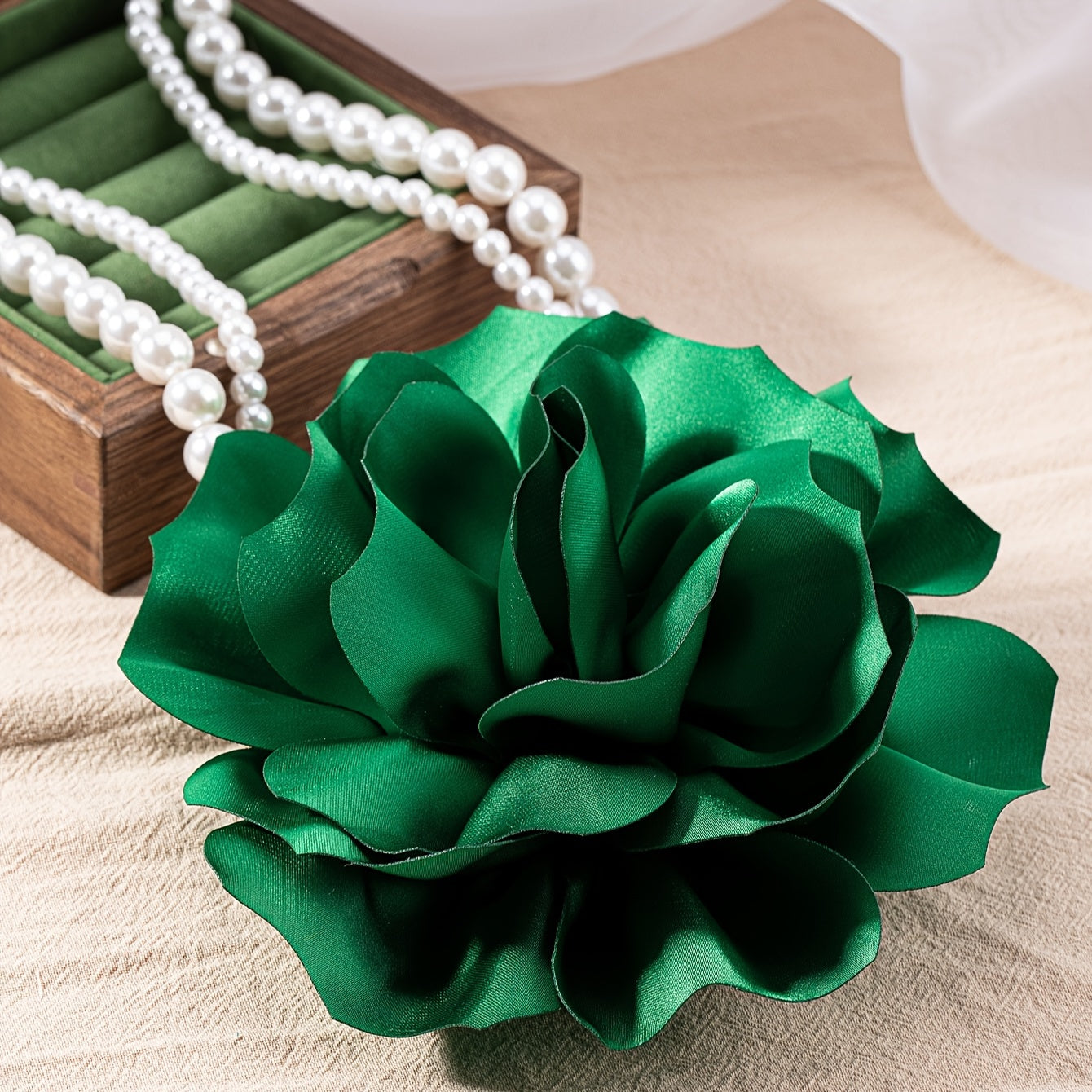 1pc Black & Green 3D Soft Flower Decor Layered Faux-Pearl Necklace, Elegant Style Imitation Pearl Necklace, Evening Jewelry