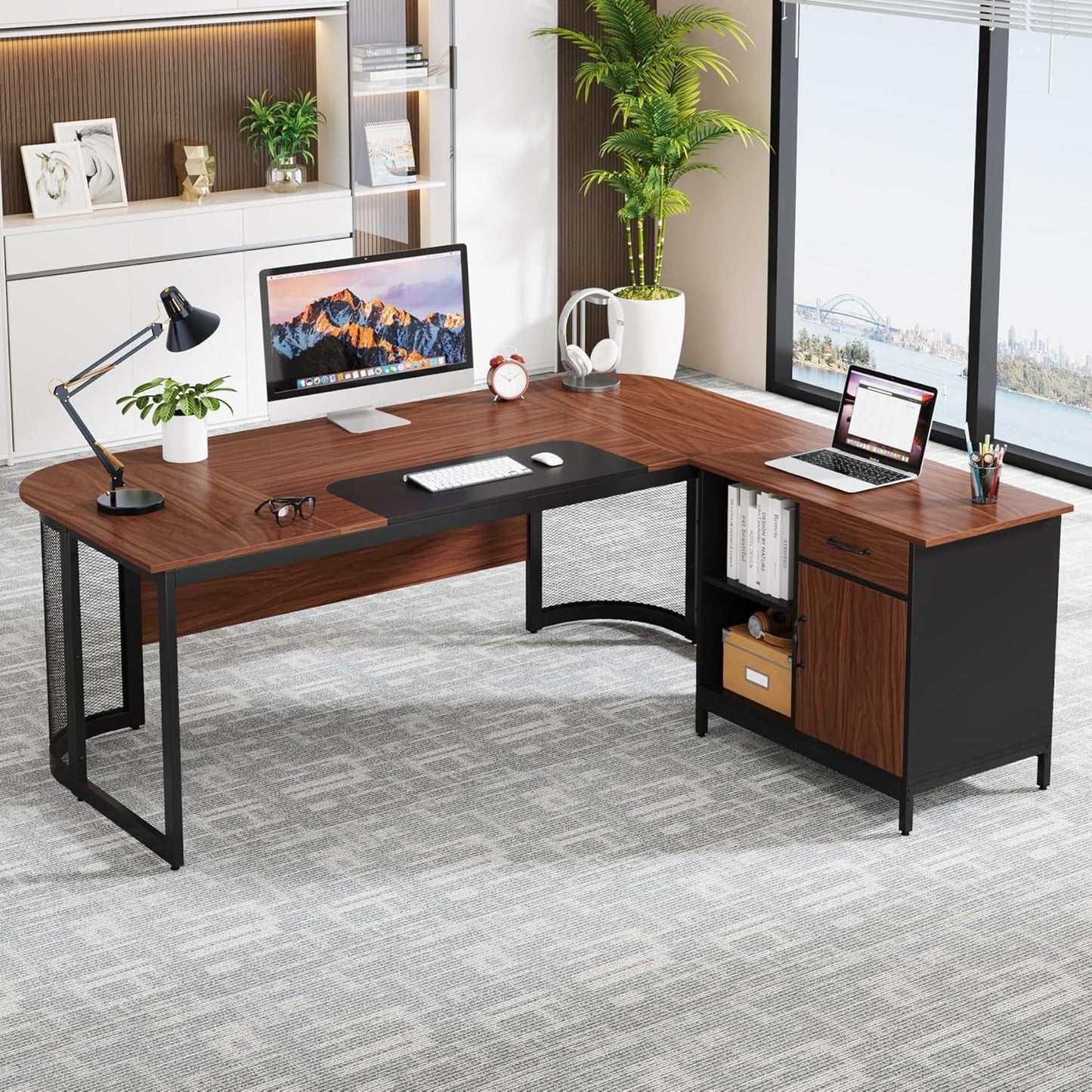63-Inch Executive Desk - Large L-Shaped Desk with Drawer Cabinet & Storage Shelves - Corner Executive Office Desk - Business Furniture Set Workstation for Home Office - For Professionals & Entrepreneurs - Perfect for Home Off