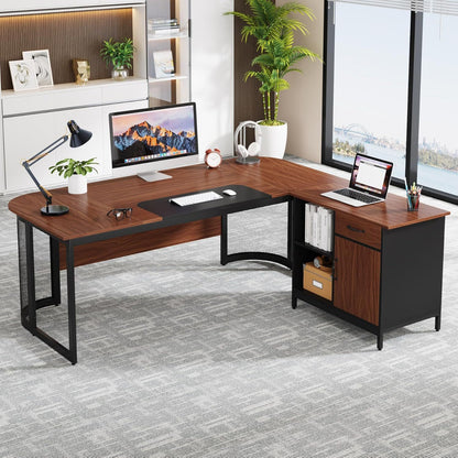 63-Inch Executive Desk - Large L-Shaped Desk with Drawer Cabinet & Storage Shelves - Corner Executive Office Desk - Business Furniture Set Workstation for Home Office - For Professionals & Entrepreneurs - Perfect for Home Off