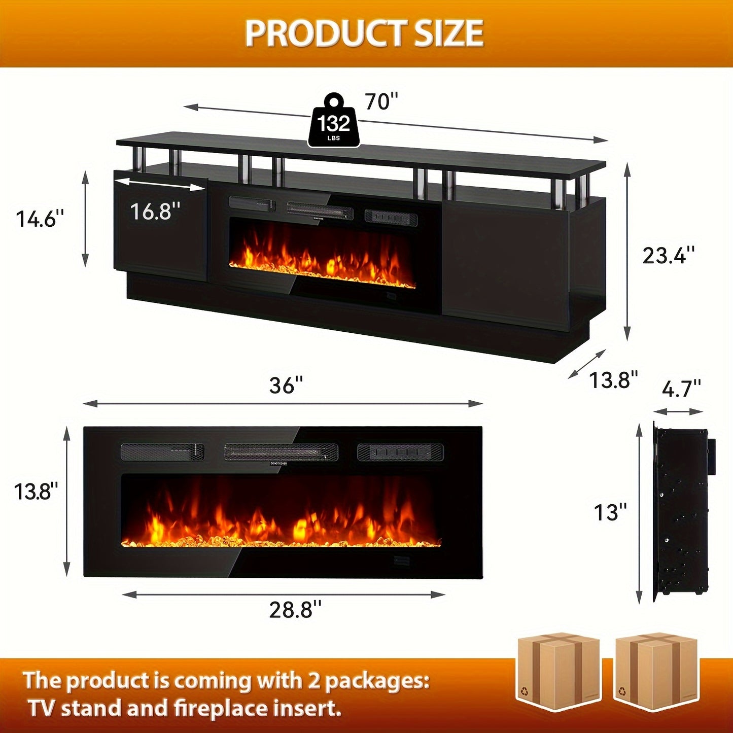 70"/80" Modern Electric Fireplace TV Stand For TVs Up To 80 Inch, With Electronic Flame And LED Lights, Luxury High Gloss Finish Entertainment Center For Living Room, Black