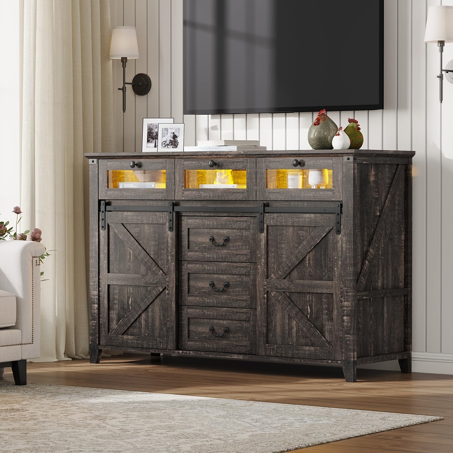 Farmhouse Dresser with LED Lights & Glass Drawers, Chest of Drawers with Sliding Barn Doors for Living Room Bedroom Entryway, White