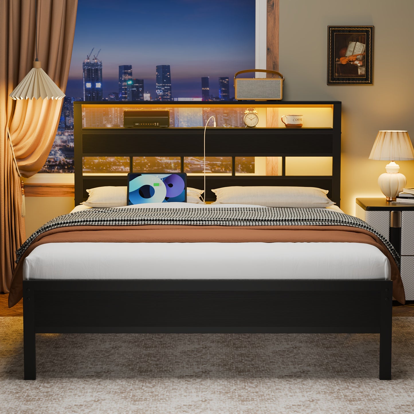 Queen Size Platform Bed Frame with RGB LED Lights, USB Charging Station & Storage Headboard, Modern Smart Bed with Under Bed Storage, Noise-Free, Easy Assembly