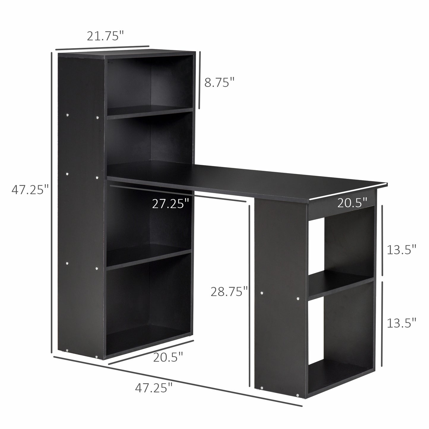 HOMCOM Modern Home Office Desk with 6-Tier Storage Shelves, 47" Writing Table with Bookshelf