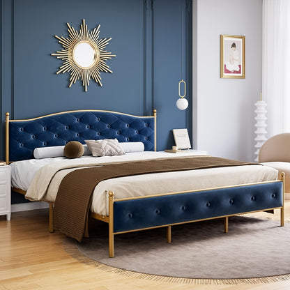 Full, Queen, King, White, Blue, Green, Senfot Bed Frame, Velvet Upholstered Platform Bed With Button Tufted Headboard, Heavy Duty Mattress Foundation With Solid Wood Slats Support, No Box Spring Needed