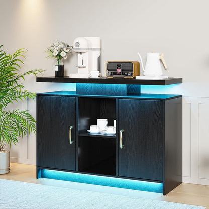 Buffet Cabinet with Storage &amp; Led Lights, Modern Accent Cabinet with Charging Station, Black Coffee Bar Buffet Table with Doors &amp; Shelves for Kitchen, Dinning, Living Room
