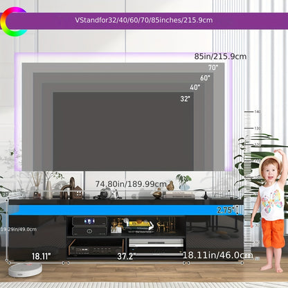 LED TV Stand For 85 Inch TV, Modern Gaming TV Stand With Power Outlet, High Gloss TV Console Entertainment Center With Storage And LED Lights For Living Room, Bedroom