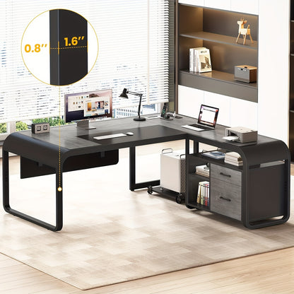 Modern 63" L-Shaped Executive Desk with Mobile CPU Stand, File Cabinet & Drawers - Spacious Gray Metal Office Desk for Home, Workspace Storage & Charging Station, Adjustable Height, Minimalist Design, Workspace Furniture | Mo