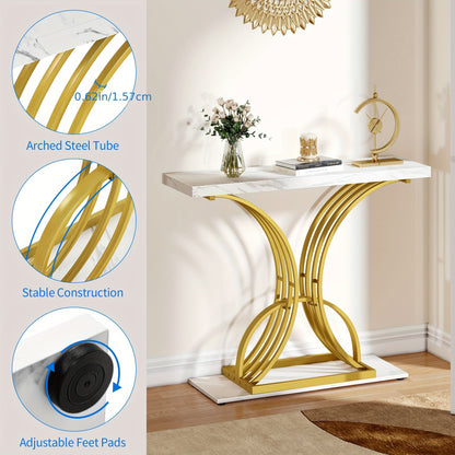 Xelsyo DEXTRUS 39" Console End Table with Faux Marble Top, Side Table for Living Room, Entryway, Gold