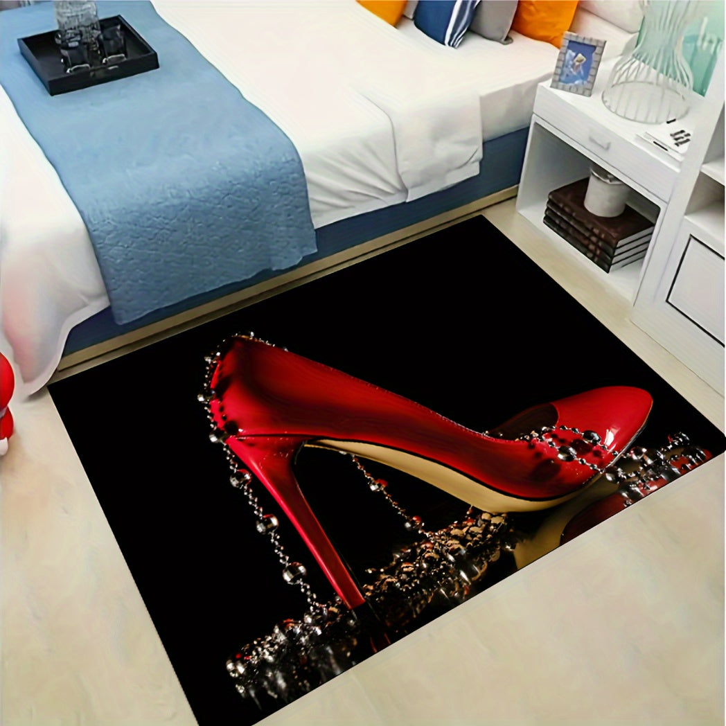 Luxurious Red High Heels & Beads Velvet Area Rug - Non-Slip, Durable For Living Room, Bedroom, Entryway - Foldable Design For Easy Cleaning - Multiple Sizes Available