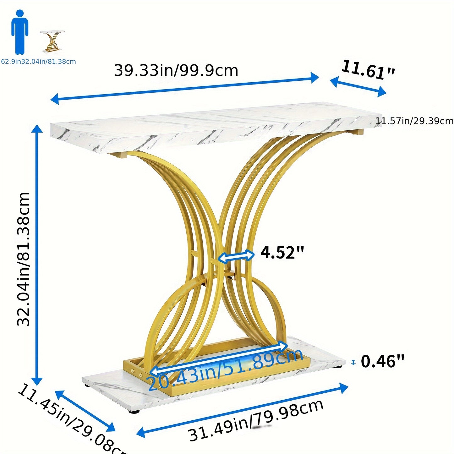 Xelsyo DEXTRUS 39" Console End Table with Faux Marble Top, Side Table for Living Room, Entryway, Gold