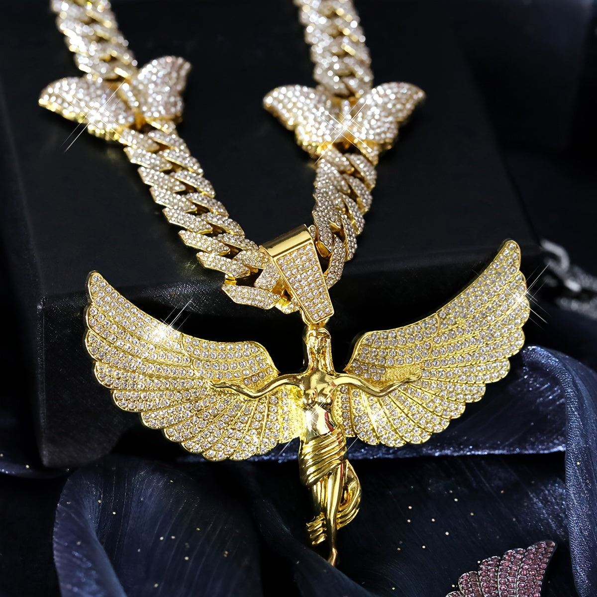 Glamorous Rhinestone Angel Winged Goddess Pendant Necklace with Butterfly - Unisex Zinc Alloy Cuban Chain for Party, Street Style, Night Club - Hip Hop Rapper Jewelry, Thanksgiving and Christmas Gift