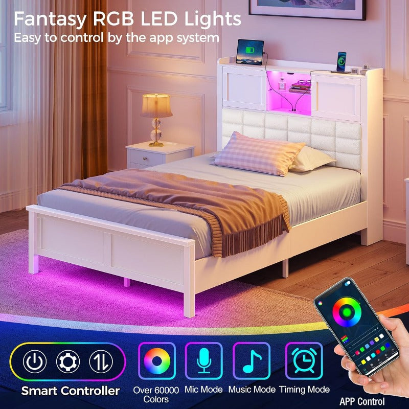 Greenstell Bed Frame Twin/Full/Queen Size with Charging Station, Bookcase Headboard Bed with LED Light and Sliding Doors, Platform Bed with Wooden Slats, No Box Spring Needed, Noise Free