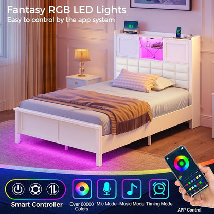 Greenstell Bed Frame Twin/Full/Queen Size with Charging Station, Bookcase Headboard Bed with LED Light and Sliding Doors, Platform Bed with Wooden Slats, No Box Spring Needed, Noise Free