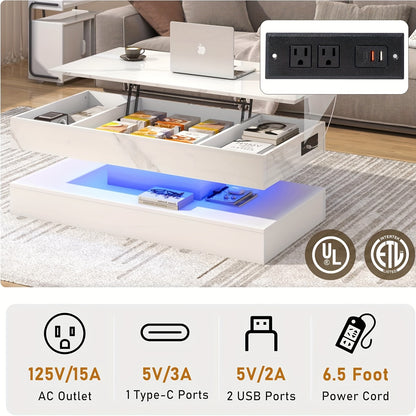 47.2" Large Lift Top Coffee Table With Charging Station, LED Modern High Glossy Center Table With Hidden Compartment Storage, White Lift Living Room Tables With Marbling Print