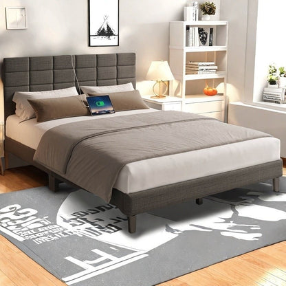 Twin/Full/Queen/King Size Platform Bed Frame with Fabric Upholstered Headboard and Wooden Slats Support, Leather Upholstered Headboard, and Built-in Charging Station, Upholstered Mattress Foundation/No Box Spring Needed/Easy