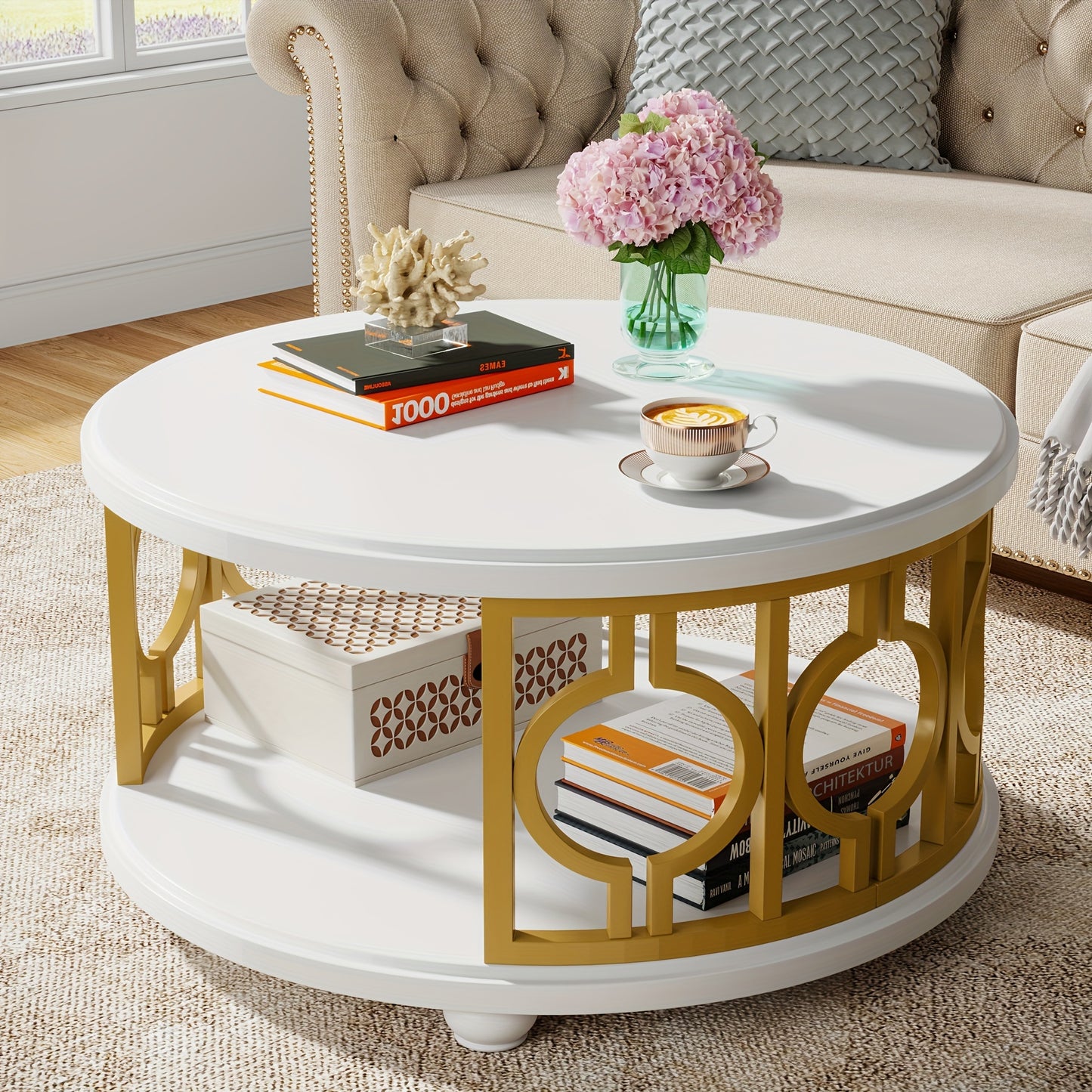 Round Coffee Table, 2-Tier Circle Coffee Table With Storage Shelf, Modern Center Table For Living Room & Office, White And Gold