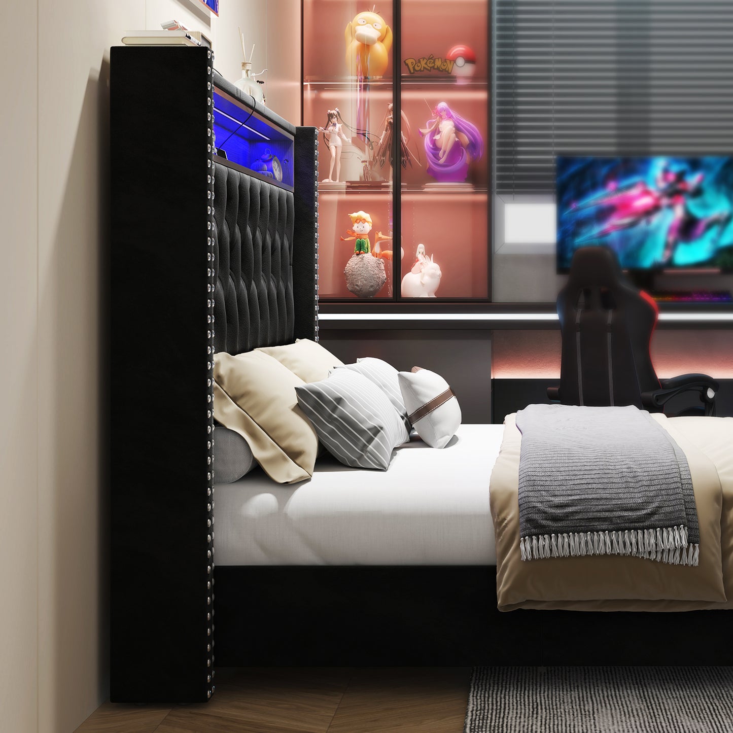 Albott Velvet Wingback Bed Frame with LED Charging Station, black, tufted headboard, no-box-spring, easy assembly