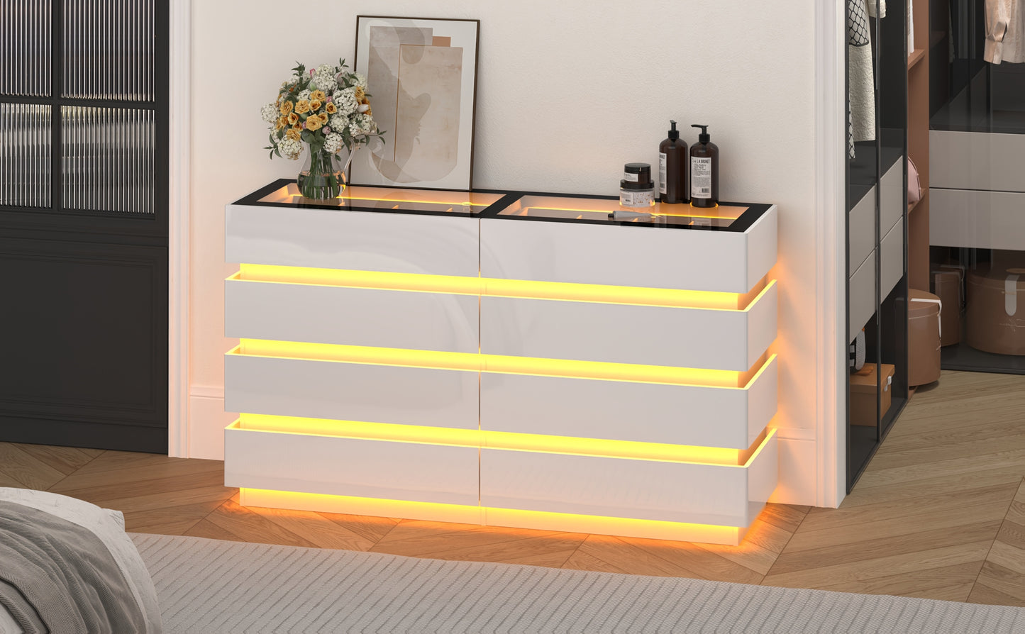 Modern 8-Drawer Dresser with Glass Top, High Gloss White Chest of Drawers, RGB LED Illumination, Wood-Based Panel & Hardwood Jewelry Display, with Closed Storage <3.2 Cubic Feet, for Bedroom, Living Room - US Plug, 110-130V