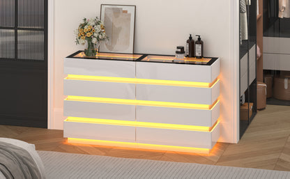 Modern 8-Drawer Dresser with Glass Top, High Gloss White Chest of Drawers, RGB LED Illumination, Wood-Based Panel & Hardwood Jewelry Display, with Closed Storage <3.2 Cubic Feet, for Bedroom, Living Room - US Plug, 110-130V