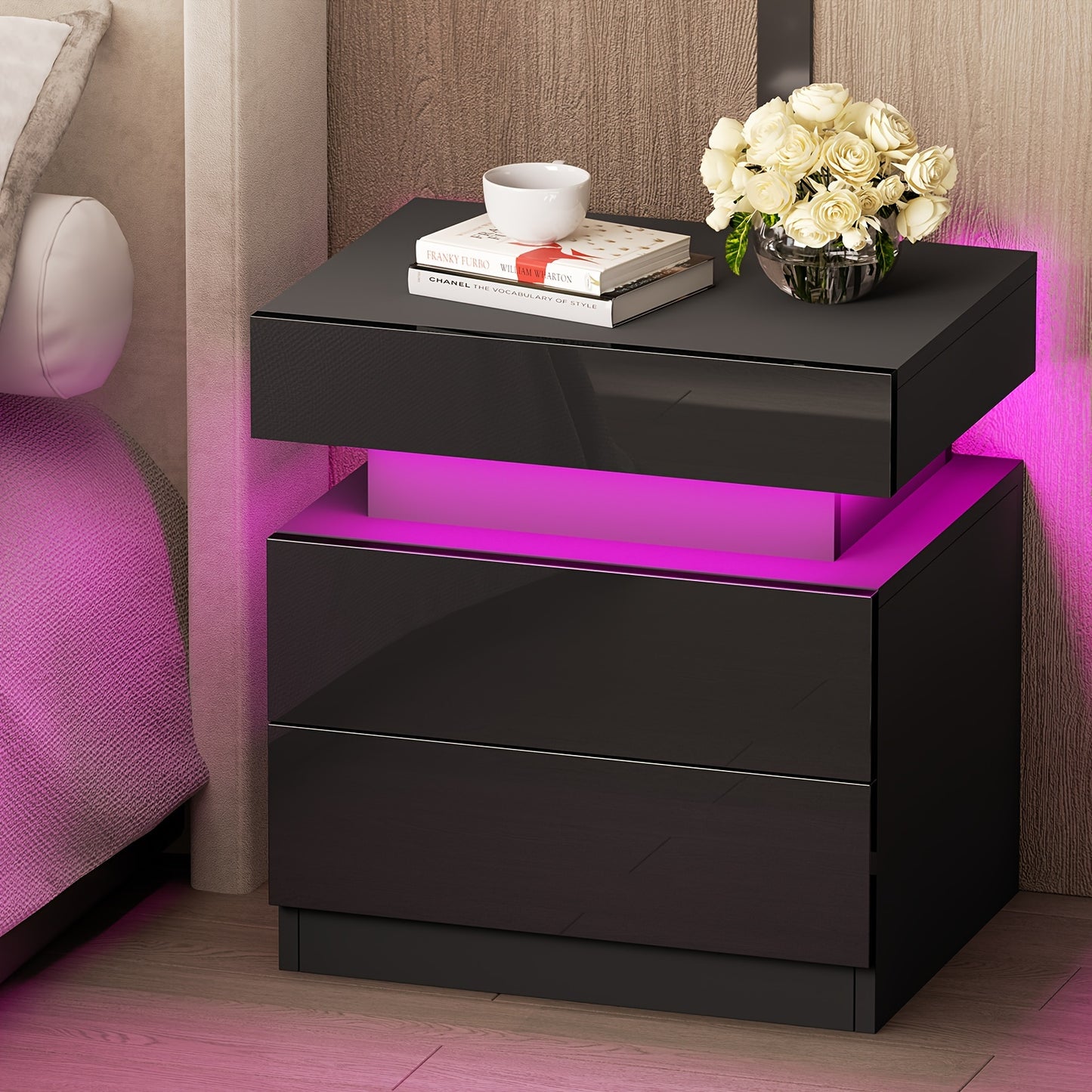 Nightstand with LED Lights, 3 Drawers and 1 Flapping Top Storage Box, White Night Stand for Bedroom, Modern Tall Bedside Table with High Gloss Panel, Glacier White, Darknight Black