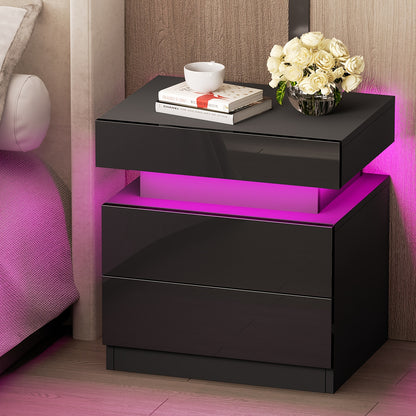 Nightstand with LED Lights, 3 Drawers and 1 Flapping Top Storage Box, White Night Stand for Bedroom, Modern Tall Bedside Table with High Gloss Panel, Glacier White, Darknight Black
