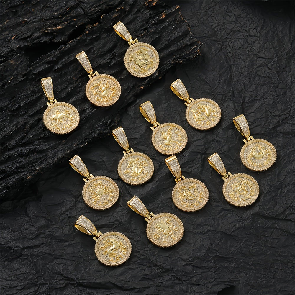 12 Zodiac Coins Necklace - 14K Gold Plated Golden Plated Hip-Hop Astrology Pendant with Synthetic Synthetic Zirconia Stones, 24in 304 Stainless Steel Chain, Unisex Jewelry Gift for Women & Men (Birthdays, Mother’s Day, Fath