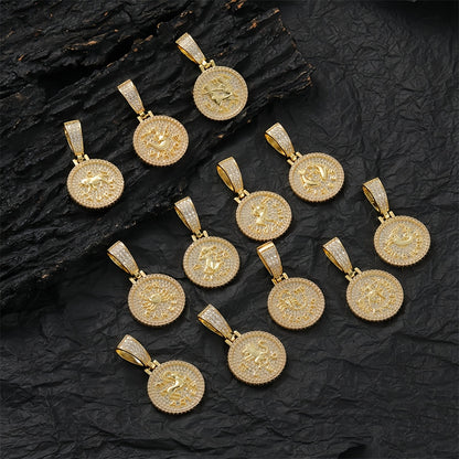 12 Zodiac Coins Necklace - 14K Gold Plated Golden Plated Hip-Hop Astrology Pendant with Synthetic Synthetic Zirconia Stones, 24in 304 Stainless Steel Chain, Unisex Jewelry Gift for Women & Men (Birthdays, Mother’s Day, Fath