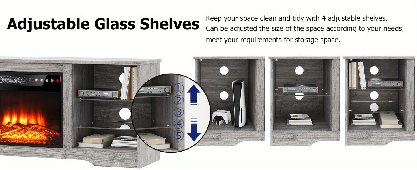 OFIKA 58 Inches Fireplace TV Stand for TVs up to 65 Inches Console with 18'' Electric Fireplace & Remote, Wooden Modern Entertainment Center for Living Room with LED Light Glass Shelves