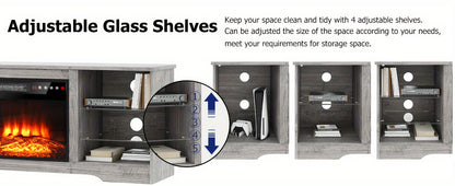 OFIKA 58 Inches Fireplace TV Stand for TVs up to 65 Inches Console with 18'' Electric Fireplace & Remote, Wooden Modern Entertainment Center for Living Room with LED Light Glass Shelves