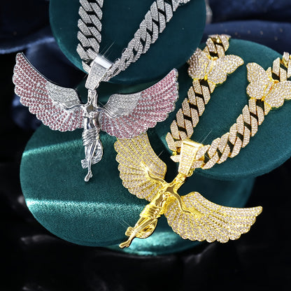 Glamorous Rhinestone Angel Winged Goddess Pendant Necklace with Butterfly - Unisex Zinc Alloy Cuban Chain for Party, Street Style, Night Club - Hip Hop Rapper Jewelry, Thanksgiving and Christmas Gift