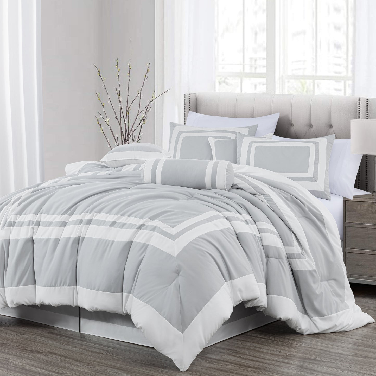 Caprice 7-Piece Modern Hotel Style Square Pattern Comforter Set with Decorative Pillows, Cal King/King/Queen/Full Size