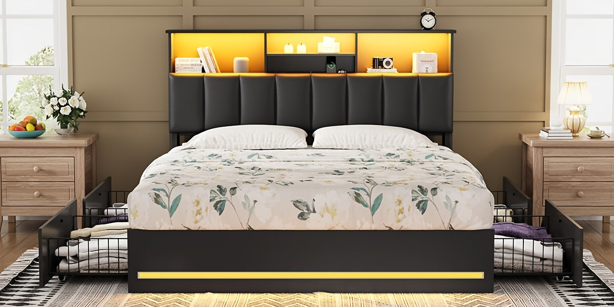 Bedroom setup with a bed, nightstands, and wall-mounted shelves.