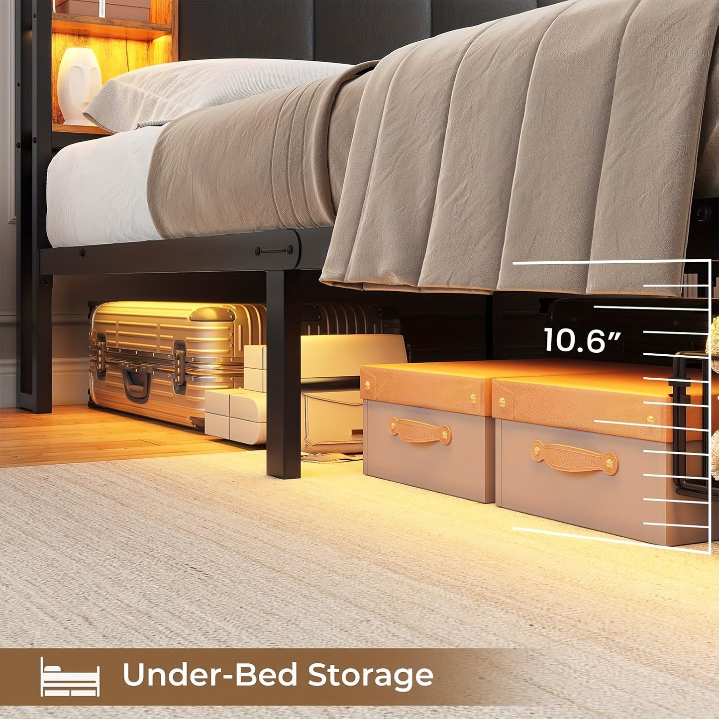 Queen Size Bed Frame with LED Lights, Modern Platform Bed Frame with 2 Storage Drawers and Headboard (Rustic Brown)