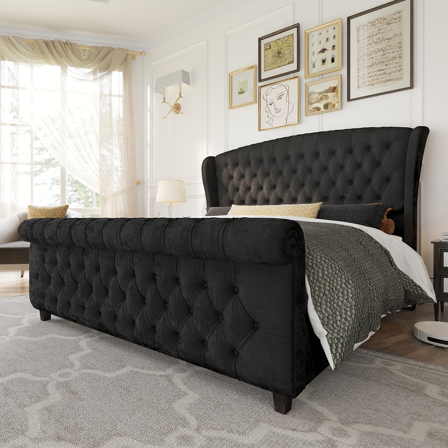 Platform Bed Frame, Chenille Upholstered Sleigh Bed with Scroll Wingback Headboard & Footboard/Button Tufted/No Box Spring Required/